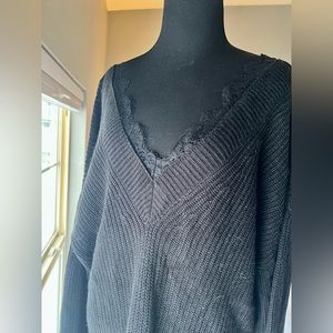 Beautiful black, eyelash lace trimmed double V-neck sweater by long tall sally